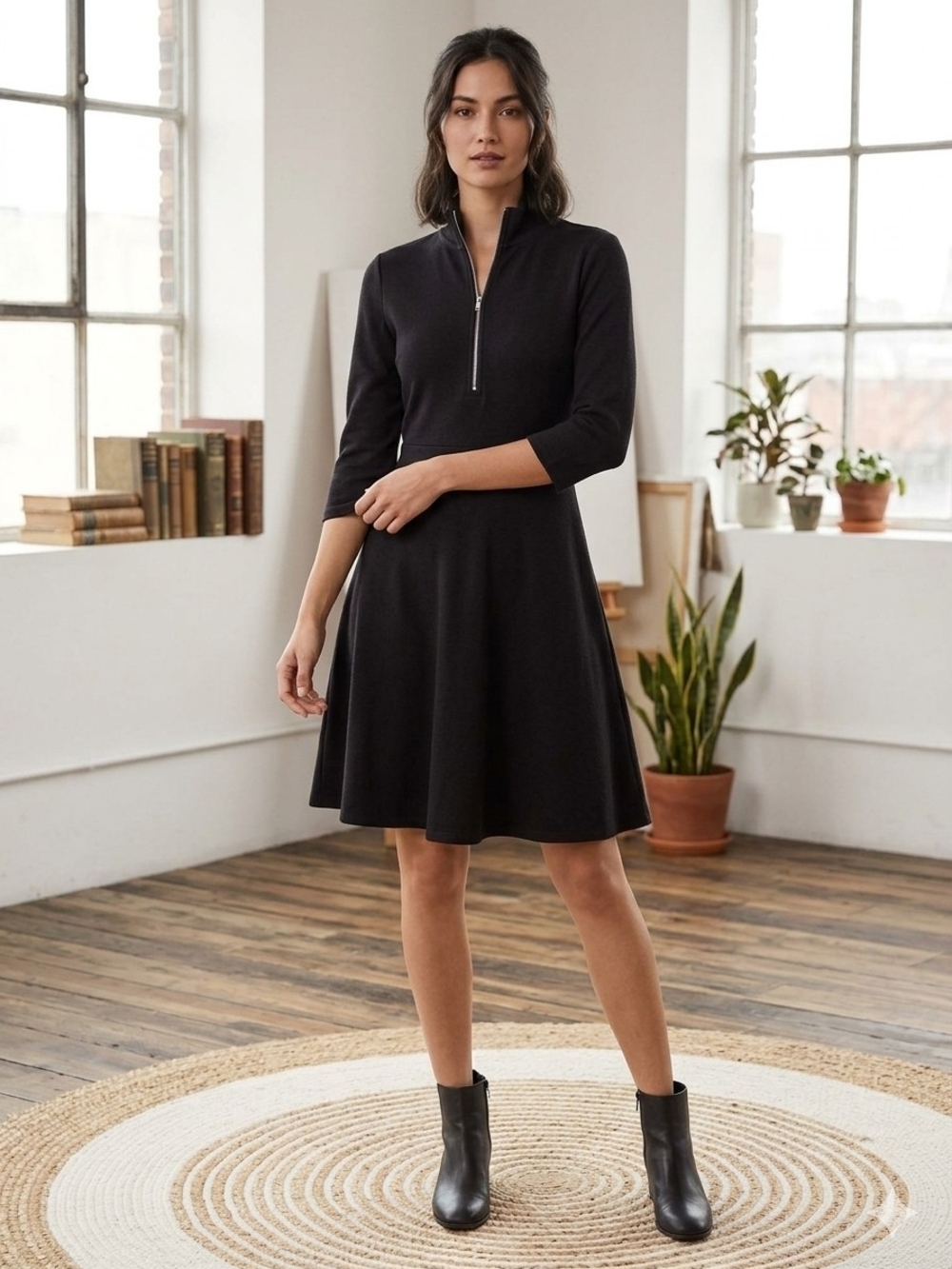 Black 3/4 Sleeve Zip Mock-Neck Knit Dress Skater Minimalist Dark Academia US8